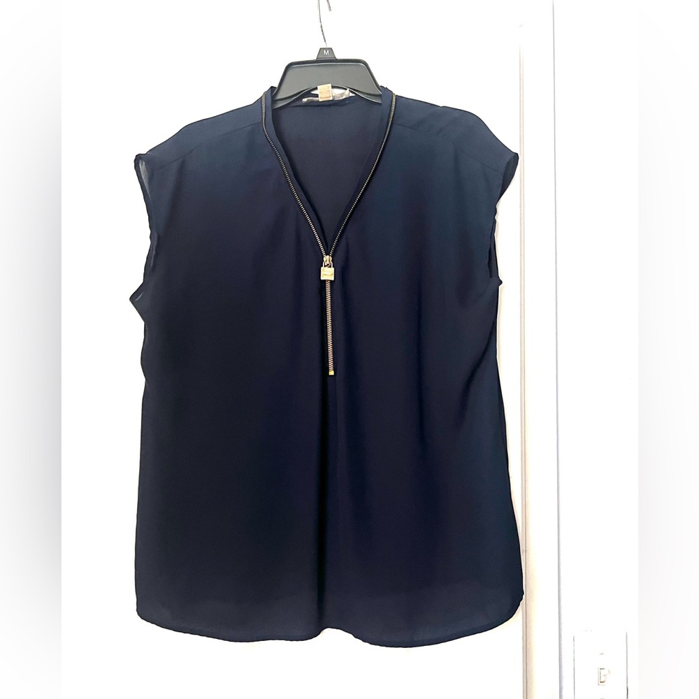 Michael Kors Navy Zipper Chiffon Short Sleeve Top